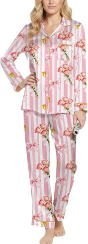 Bow Pajamas for Women Long Sleeve Button Down Shirt Wide Leg Pants Holiday Cute 2 Piece Silk Sleepwear Sets in Saudi Arabia