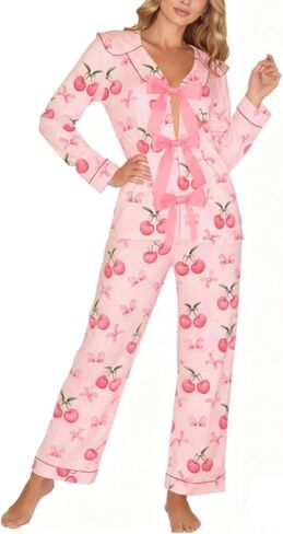 Bow Pajamas for Women Long Sleeve Button Down Shirt Wide Leg Pants Holiday Cute 2 Piece Silk Sleepwear Sets in Saudi Arabia