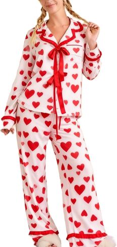 Bow Pajamas for Women Long Sleeve Button Down Shirt Wide Leg Pants Holiday Cute 2 Piece Silk Sleepwear Sets in Saudi Arabia