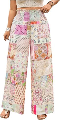 Women's Plus Size Patchwork Floral Paisley Boho Pants Smocked Colorblock High Waisted Wide Leg Trousers in Kuwait