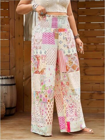 Women's Plus Size Patchwork Floral Paisley Boho Pants Smocked Colorblock High Waisted Wide Leg Trousers in Kuwait
