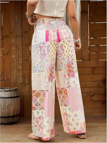 Women's Plus Size Patchwork Floral Paisley Boho Pants Smocked Colorblock High Waisted Wide Leg Trousers in Kuwait
