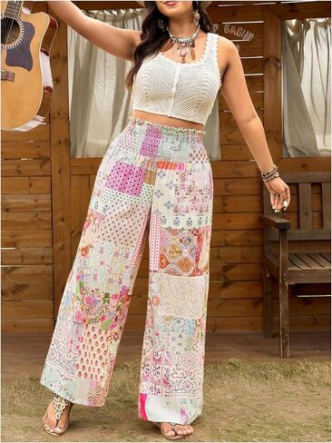 Women's Plus Size Patchwork Floral Paisley Boho Pants Smocked Colorblock High Waisted Wide Leg Trousers in Kuwait