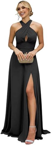 فساتين وصيفة العروس من الشيفون للنساء فستان رسمي طويل على شكل حرف a مع شق مطوي وحفلات مسائية متواضعة in Kuwait