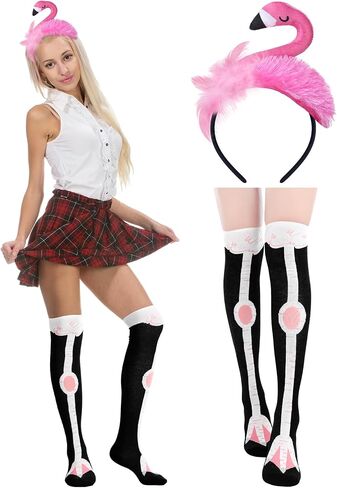 2 Pcs Halloween Flamingo Costume Set Creative Flamingo Hat and Leg Socks Hawaii Cute Pink Costume Headband Hair Tropical Accessories Party Supplies for Adult Women in Saudi Arabia