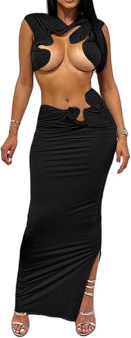 Women Sexy Two Piece Summer Outfit Creative Hollow Out Sleeveless Mock Neck Crop Tops and Long Skirt Set in Saudi Arabia