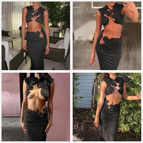 Women Sexy Two Piece Summer Outfit Creative Hollow Out Sleeveless Mock Neck Crop Tops and Long Skirt Set in Saudi Arabia