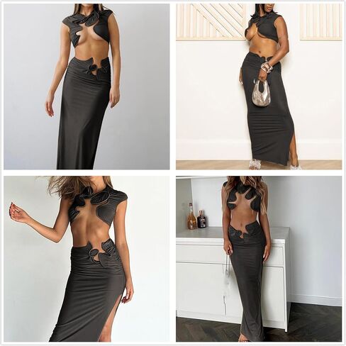 Women Sexy Two Piece Summer Outfit Creative Hollow Out Sleeveless Mock Neck Crop Tops and Long Skirt Set in Saudi Arabia