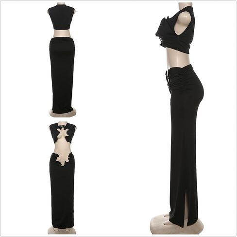 Women Sexy Two Piece Summer Outfit Creative Hollow Out Sleeveless Mock Neck Crop Tops and Long Skirt Set in Saudi Arabia