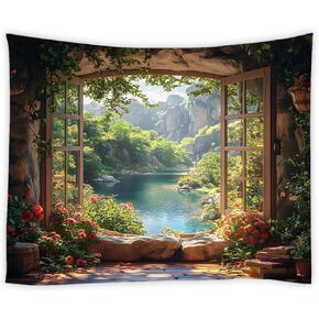HYKHYK Nature Garden Tapestry Forest Mountain Stone Wall Flower Green Leaf Vine Rustic Farmhouse Cabin Window Scenery Wall Hanging Art Decor for Bedroom,Living Room,Dorm in Saudi Arabia
