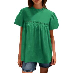 Tankaneo Womens Ruffle Short Sleeve Babydoll Tops Peplum Mock Neck Blouse Casual Loose Fit Pleated Tunic Shirts in Saudi Arabia