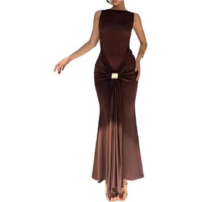 Verdusa Women's Wedding Guest Dress Metal Buckle Ruched Sleeveless Bodycon Maxi Cocktail Dresses in Saudi Arabia