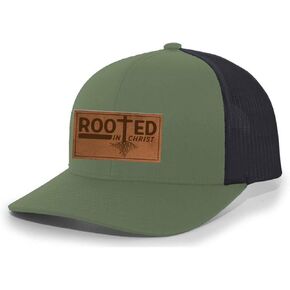 Heritage Pride Christian Rooted In Christ Laser Engraved Leather Patch Mesh Back Trucker Hat, Loden/Black in Saudi Arabia