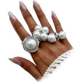 Chunky Gold Statement Big Pearl Knuckle Rings Stackable for Women Vintage Silver Pearls Open Finger Ring Exaggerated Personality Prom Jewerly Set Gift in Saudi Arabia