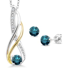 Gem Stone King 0.85 Ct Blue Diamond Diamond 925 Silver and 10K Yellow Gold Pendant and Earrings Jewelry Set in Saudi Arabia