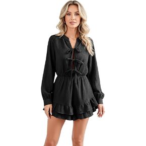 Women Long Sleeve Rompers Tie Front Lantern Sleeves Jumpsuit Shorts with Pockets Cute Summer Fall Dressy Casual in Kuwait