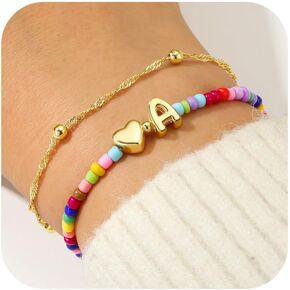 أساور قلب أولية ملونة من Ursteel للنساء - سوار مطرز بالذهب عيار 14 قيراط حرف A-Z، أساور أولية قابلة للتمدد بطبقات، هدايا عيد ميلاد مجوهرات بوهيمية عصرية للنساء in Kuwait