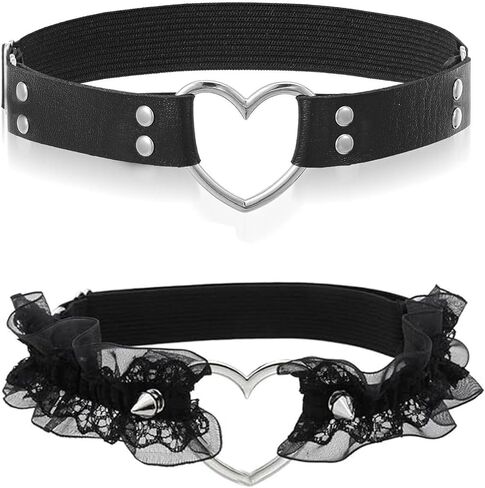 2Pcs Leather Heart Garter Lace Leg Garter with Heart Adjustable Rivet Thigh Garters for Women Parties, Black in Saudi Arabia