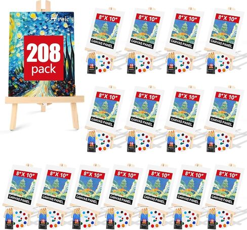 AROIC 260 Pack Easel and Canvas Sets with 20 Wood Easels,200 Brushes,20 Canvas and 20 Palette, Painting Set, Tabletop Easel, Art Easels, Painting Supplies for Kids & Adults to Painting Party in Kuwait