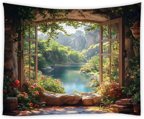 HYKHYK Nature Garden Tapestry Forest Mountain Stone Wall Flower Green Leaf Vine Rustic Farmhouse Cabin Window Scenery Wall Hanging Art Decor for Bedroom,Living Room,Dorm in Saudi Arabia
