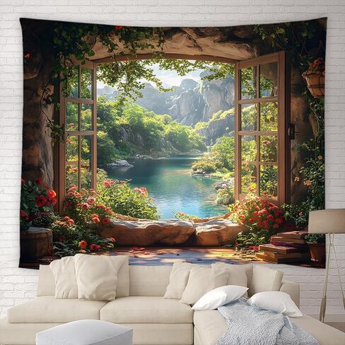 HYKHYK Nature Garden Tapestry Forest Mountain Stone Wall Flower Green Leaf Vine Rustic Farmhouse Cabin Window Scenery Wall Hanging Art Decor for Bedroom,Living Room,Dorm in Saudi Arabia