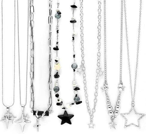 RechicGu 7 Pcs Y2K Star Necklace Set for Women Men Grunge Emo Jewelry Pack Alt Gothic Punk Accessories Rhinestone Star Moonlight Stone Pendant Y2K Irregular Necklaces for Cute Kawaii Outfits Gifts in Saudi Arabia