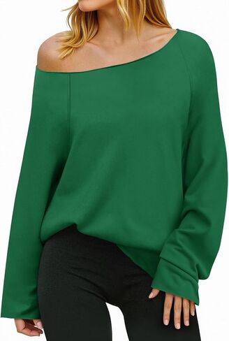 Fisoew Womens Off the Shoulder Sweatshirts Wide Neckline Oversized Pullovers Long Sleeve Y2k Trendy Loose Fit Tunic Tops Green in Saudi Arabia