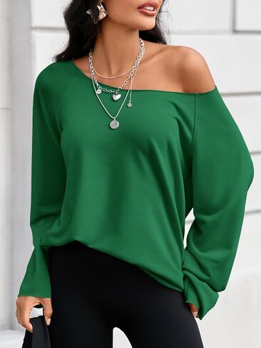 Fisoew Womens Off the Shoulder Sweatshirts Wide Neckline Oversized Pullovers Long Sleeve Y2k Trendy Loose Fit Tunic Tops Green in Saudi Arabia