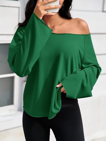Fisoew Womens Off the Shoulder Sweatshirts Wide Neckline Oversized Pullovers Long Sleeve Y2k Trendy Loose Fit Tunic Tops Green in Saudi Arabia