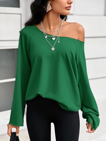 Fisoew Womens Off the Shoulder Sweatshirts Wide Neckline Oversized Pullovers Long Sleeve Y2k Trendy Loose Fit Tunic Tops Green in Saudi Arabia