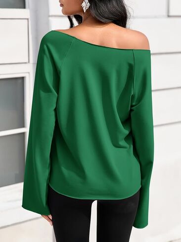 Fisoew Womens Off the Shoulder Sweatshirts Wide Neckline Oversized Pullovers Long Sleeve Y2k Trendy Loose Fit Tunic Tops Green in Saudi Arabia