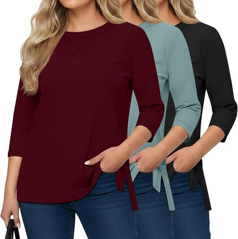 3 Pack Women's Plus Size 3/4 Sleeve Tops Side Slit Round Neck T-Shirt Loose Fit Casual Basic Tunic Tee in Saudi Arabia