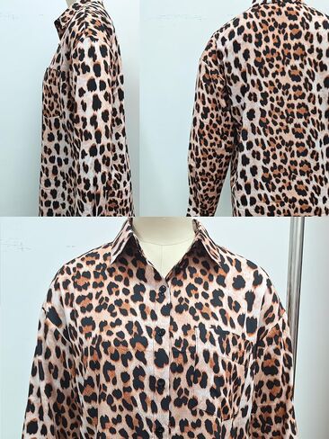 قمصان Dressmine النسائية ذات طباعة الفهد وأكمام طويلة وأزرار سفلية، بلوزة عمل بياقة كبيرة الحجم وقميص زهري in Kuwait