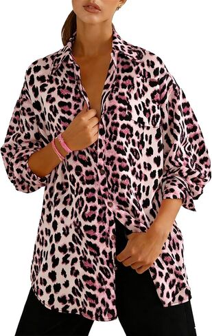 قمصان Dressmine النسائية ذات طباعة الفهد وأكمام طويلة وأزرار سفلية، بلوزة عمل بياقة كبيرة الحجم وقميص زهري in Kuwait