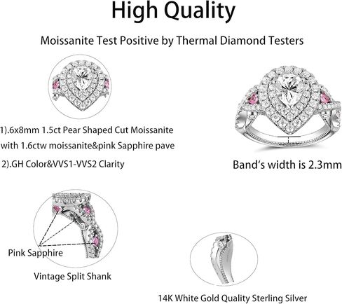 DovEggs مويسانيتي خواتم الخطبة للنساء 3.1ctw 6x8mm FGH اللون الكمثرى قطع المويسانتي خمر الذكرى السنوية المزدوجة هالة سبليت عرقوب الياقوت الوردي الفضة الاسترليني مع 18K الذهب الأبيض مطلي (7) in Saudi Arabia