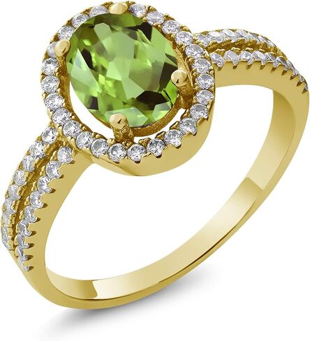 Gem Stone King 18K Yellow Gold Plated Silver 8X6MM Oval Gemstone Birthstone Split Shank Double Halo Engagement Ring | Wedding Band Anniversary Promise Ring For Women in Saudi Arabia
