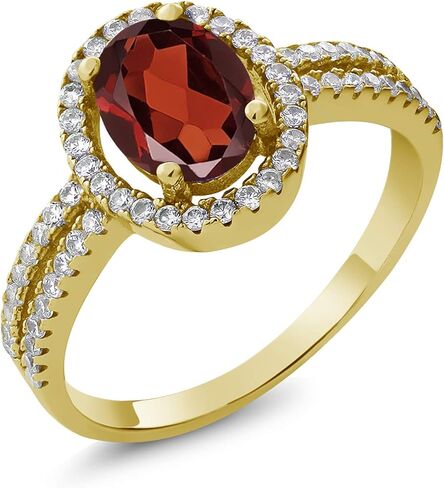 Gem Stone King 18K Yellow Gold Plated Silver 8X6MM Oval Gemstone Birthstone Split Shank Double Halo Engagement Ring | Wedding Band Anniversary Promise Ring For Women in Saudi Arabia