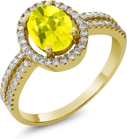 Gem Stone King 18K Yellow Gold Plated Silver 8X6MM Oval Gemstone Birthstone Split Shank Double Halo Engagement Ring | Wedding Band Anniversary Promise Ring For Women in Saudi Arabia