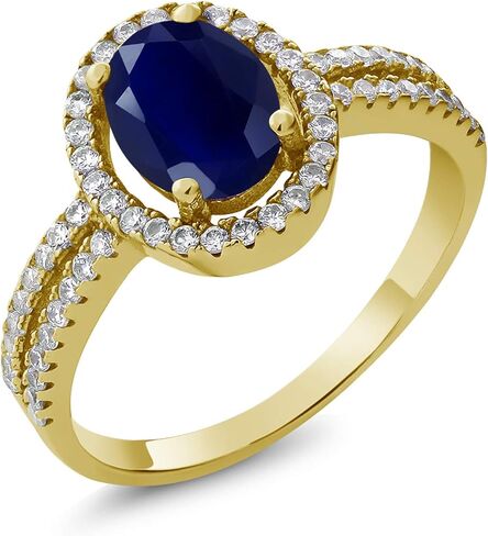 Gem Stone King 18K Yellow Gold Plated Silver 8X6MM Oval Gemstone Birthstone Split Shank Double Halo Engagement Ring | Wedding Band Anniversary Promise Ring For Women in Saudi Arabia
