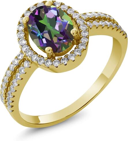 Gem Stone King 18K Yellow Gold Plated Silver 8X6MM Oval Gemstone Birthstone Split Shank Double Halo Engagement Ring | Wedding Band Anniversary Promise Ring For Women in Saudi Arabia
