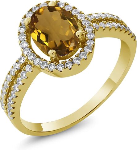 Gem Stone King 18K Yellow Gold Plated Silver 8X6MM Oval Gemstone Birthstone Split Shank Double Halo Engagement Ring | Wedding Band Anniversary Promise Ring For Women in Saudi Arabia
