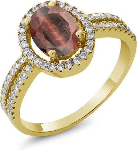 Gem Stone King 18K Yellow Gold Plated Silver 8X6MM Oval Gemstone Birthstone Split Shank Double Halo Engagement Ring | Wedding Band Anniversary Promise Ring For Women in Saudi Arabia