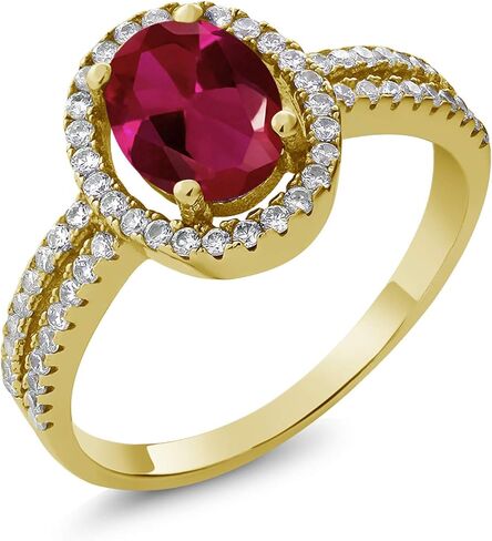 Gem Stone King 18K Yellow Gold Plated Silver 8X6MM Oval Gemstone Birthstone Split Shank Double Halo Engagement Ring | Wedding Band Anniversary Promise Ring For Women in Saudi Arabia