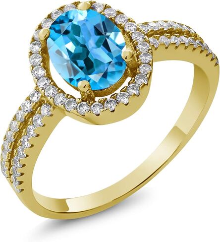 Gem Stone King 18K Yellow Gold Plated Silver 8X6MM Oval Gemstone Birthstone Split Shank Double Halo Engagement Ring | Wedding Band Anniversary Promise Ring For Women in Saudi Arabia