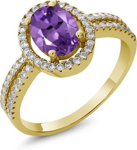 Gem Stone King 18K Yellow Gold Plated Silver 8X6MM Oval Gemstone Birthstone Split Shank Double Halo Engagement Ring | Wedding Band Anniversary Promise Ring For Women in Saudi Arabia