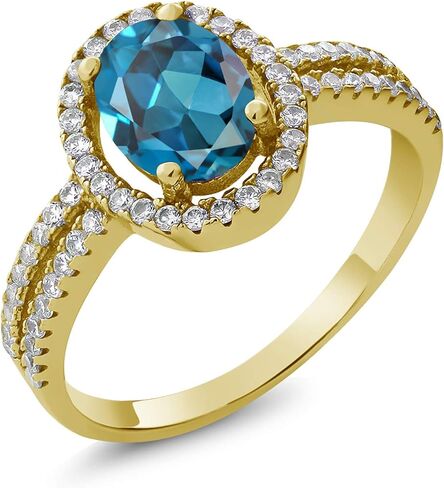 Gem Stone King 18K Yellow Gold Plated Silver 8X6MM Oval Gemstone Birthstone Split Shank Double Halo Engagement Ring | Wedding Band Anniversary Promise Ring For Women in Saudi Arabia