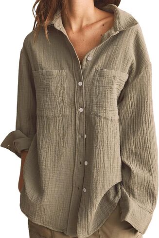Womens Soft Cotton Weave Shirt Long Sleeve Tops Casual Blouse with Open Chest Pockets in Saudi Arabia