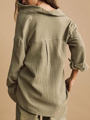 Womens Soft Cotton Weave Shirt Long Sleeve Tops Casual Blouse with Open Chest Pockets in Saudi Arabia