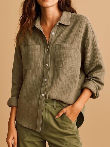 Womens Soft Cotton Weave Shirt Long Sleeve Tops Casual Blouse with Open Chest Pockets in Saudi Arabia
