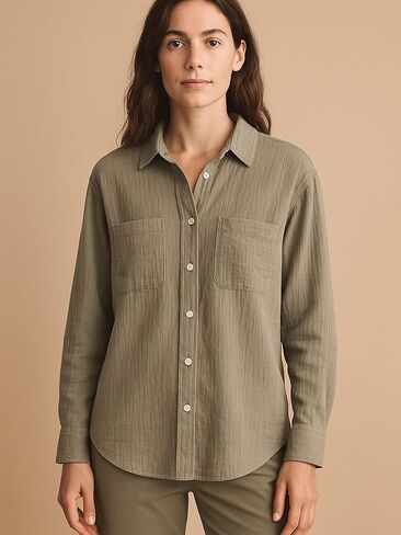 Womens Soft Cotton Weave Shirt Long Sleeve Tops Casual Blouse with Open Chest Pockets in Saudi Arabia